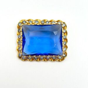 Vintage Austria Brooch Cobalt Blue Crystal Rhinestone Statement Pin Rectangle